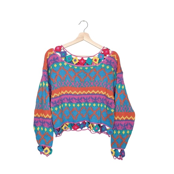 Sweaters - Vintage 80's Crochet Knitted Colorful Sweater Size M